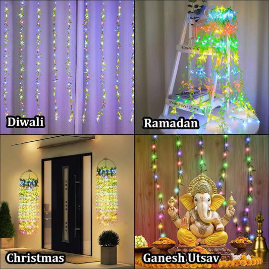 Multi color LED Curtain String Leaf Lights with Artificial Leaves – 8 Modes, Adjustable Brightness, Decorative Fairy Lights for Bedroom, Garden, Festivals & Parties